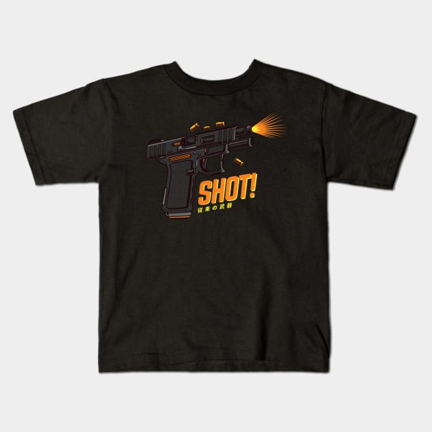 Pistol Gun Weapon Shoot Bullet Manga Japanese Style Vintage Kids T-Shirt by anubis1986